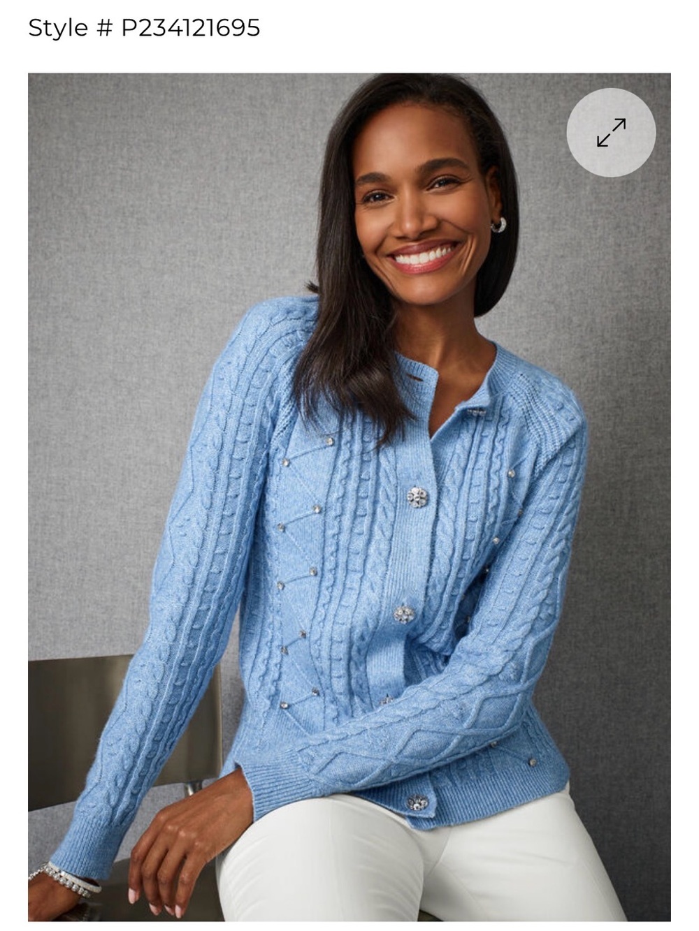 Talbots Light Blue Metallic Marl Cable Knit Cardigan Rhinestone Buttons Size PXL